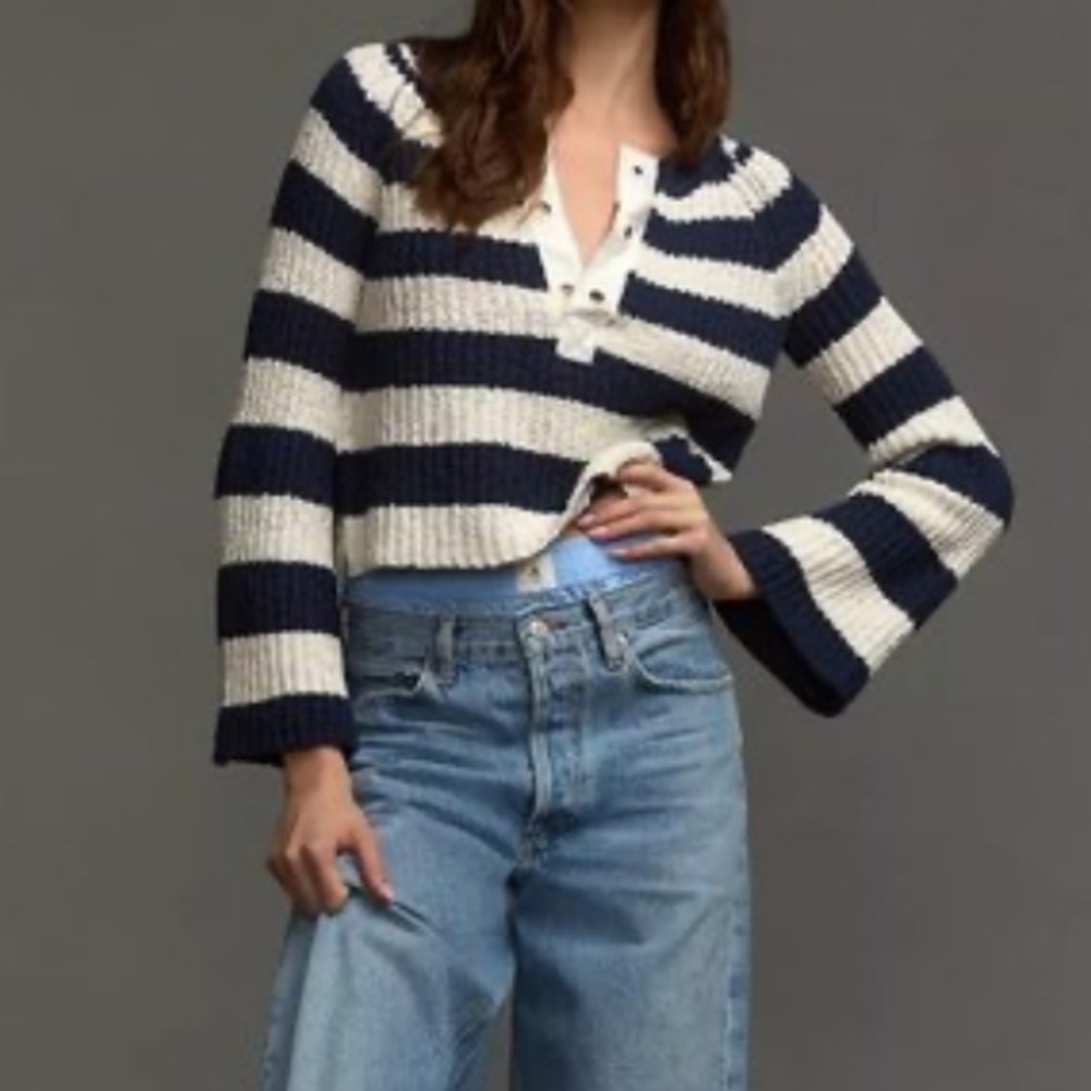 Anthropologie Pilcro Bell Sleeve Henley Navy Stripes nautical Sweater size S - Picture 9 of 9